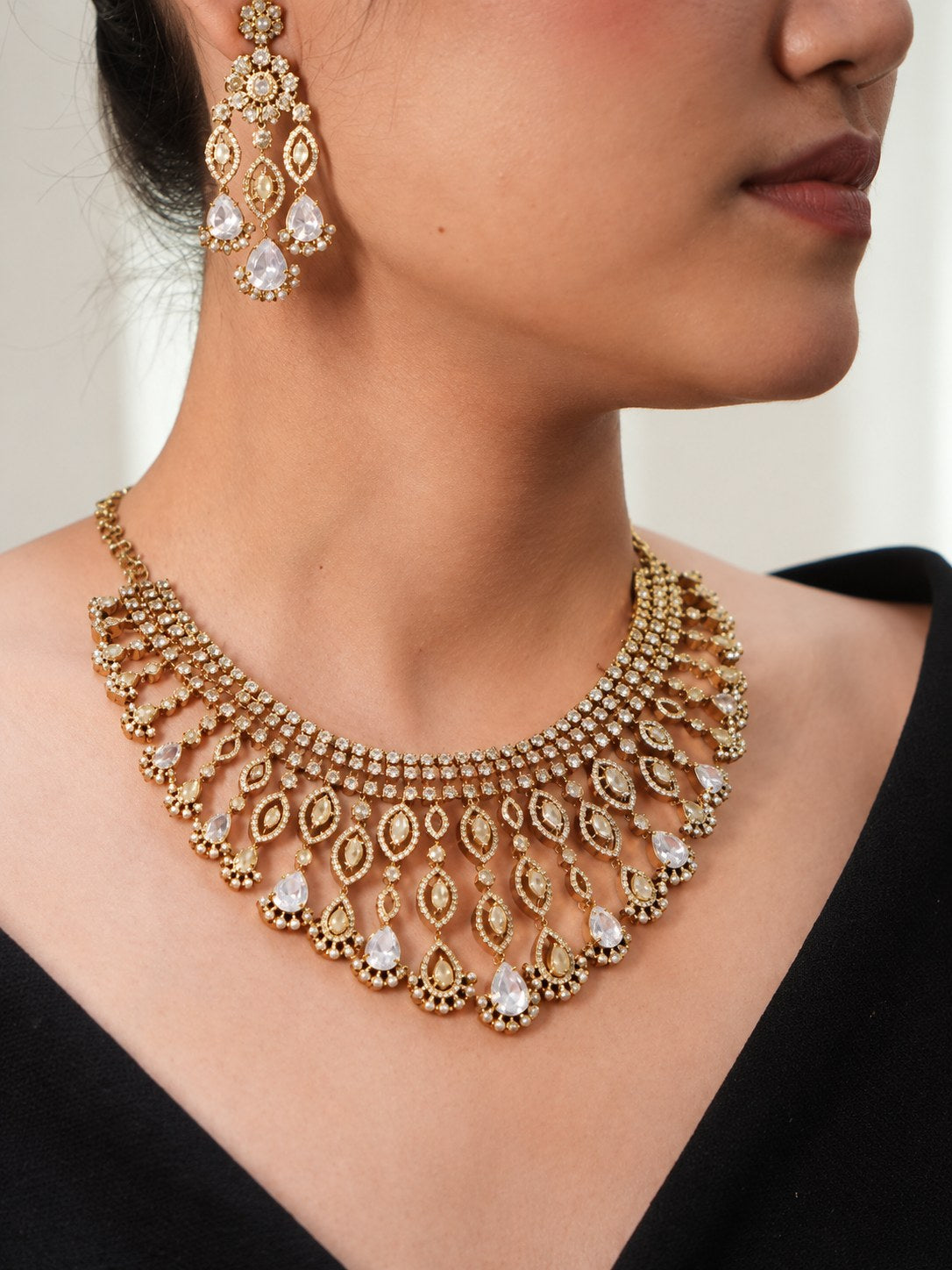 Royal Gold & White American Diamond Bridal Necklace Set