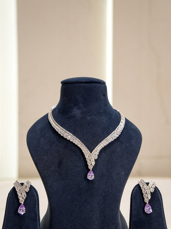 Elegant Purple Premium Zircon Silver Necklace Set