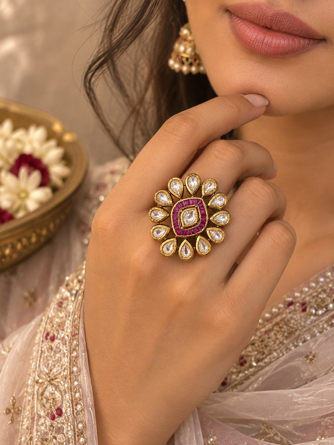 Pink & Clear Stone Floral Statement Ring