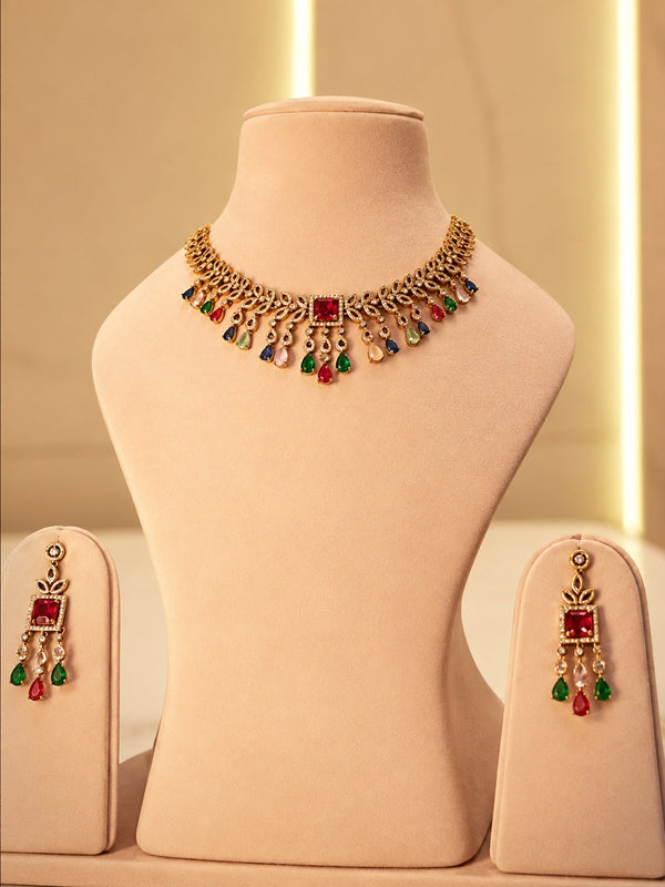 Elegant Gold & White American Diamond Bridal Necklace Set