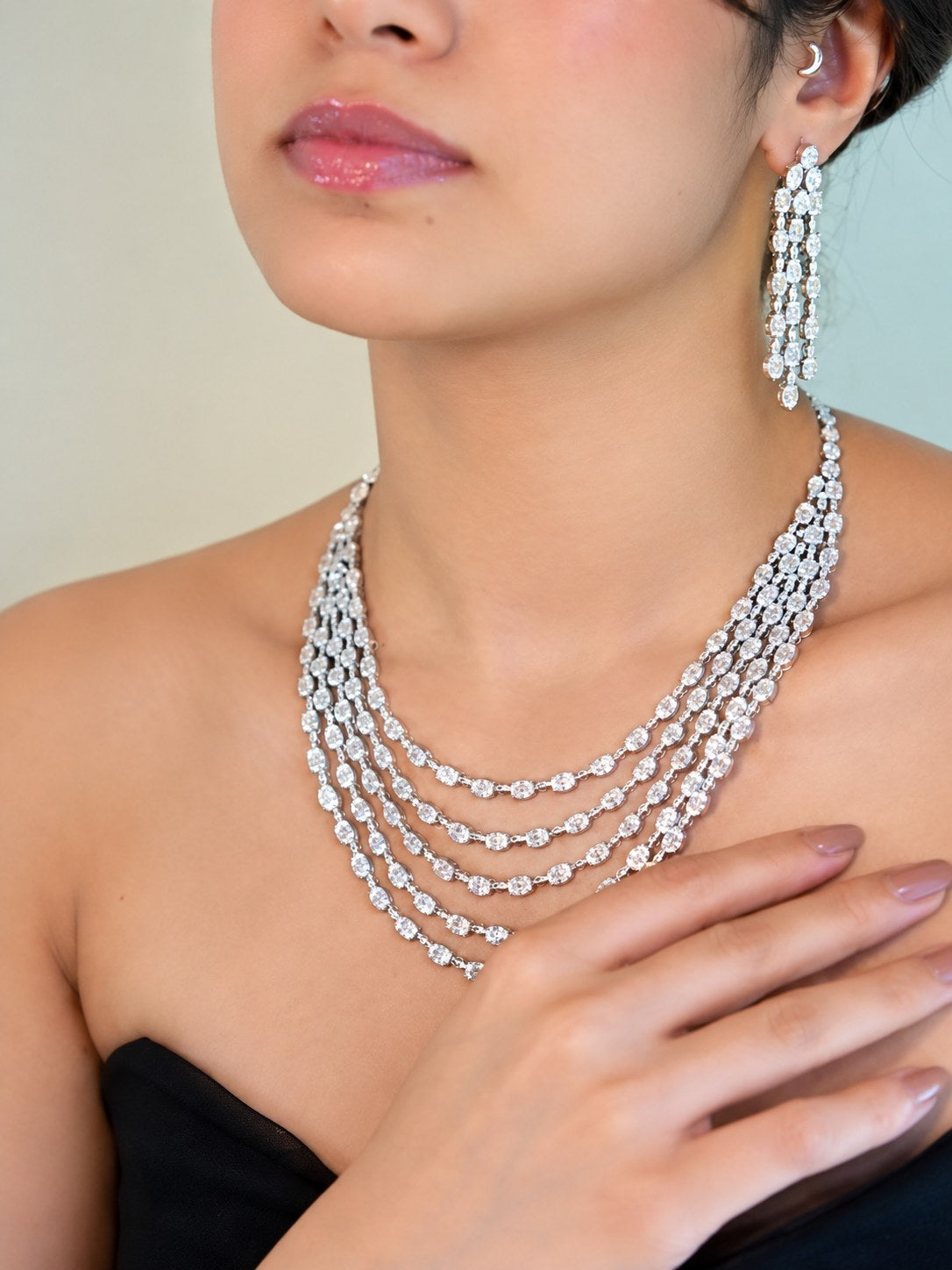 Elegant Silver Premium Zircon Layered Necklace Set