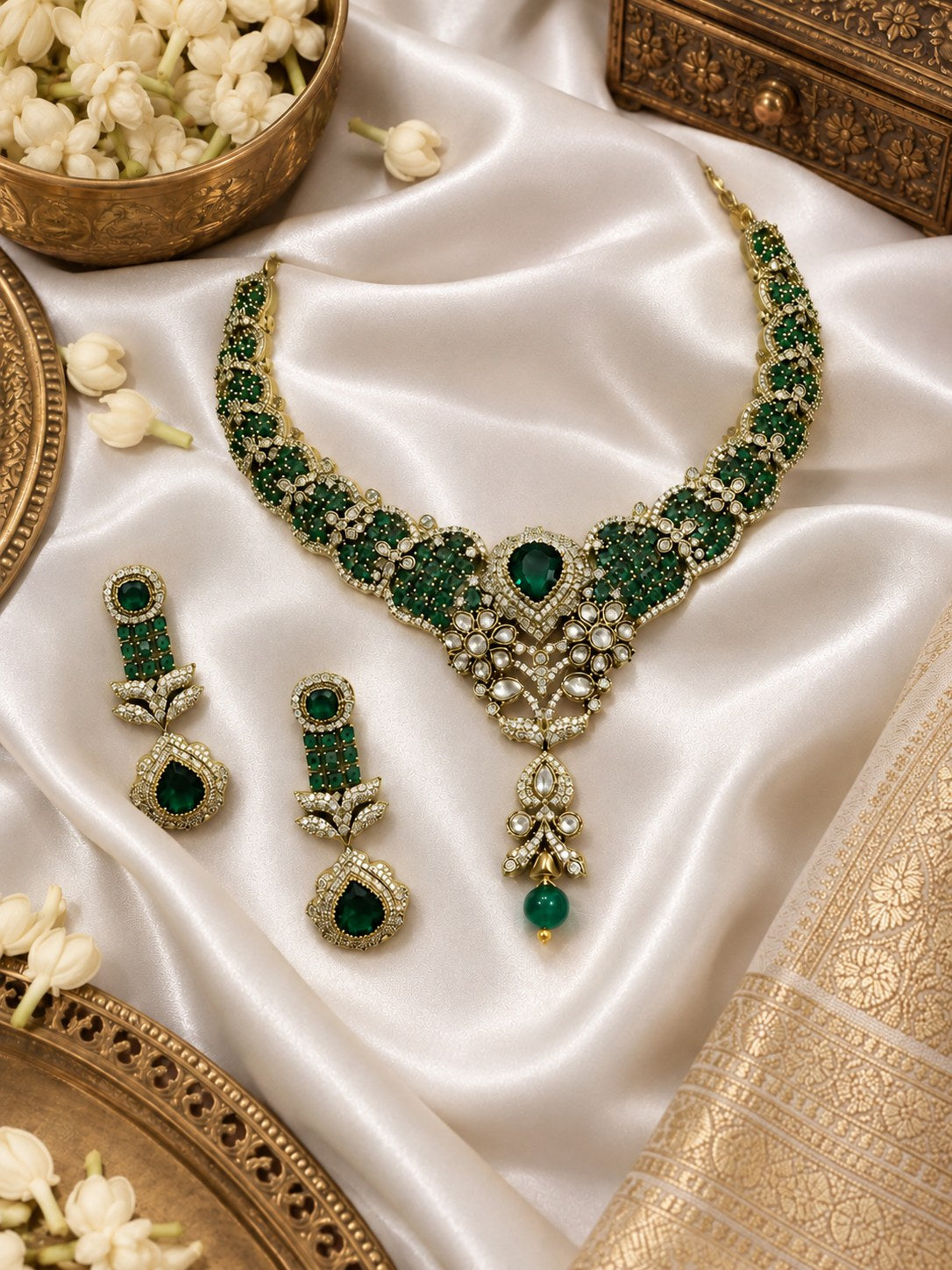 Royal Green & Gold Victorian Statement Necklace Set
