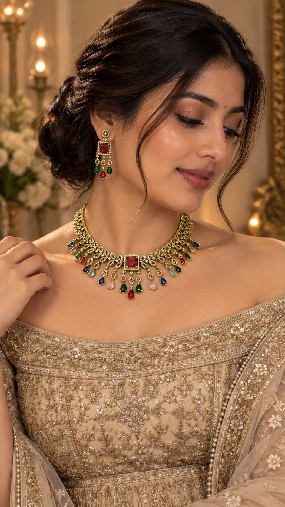 Elegant Gold & White American Diamond Bridal Necklace Set