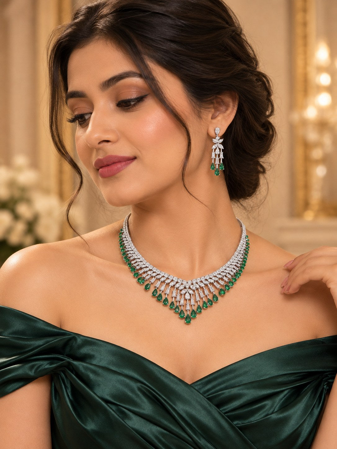 Regal Green Premium Zircon Silver Necklace Set