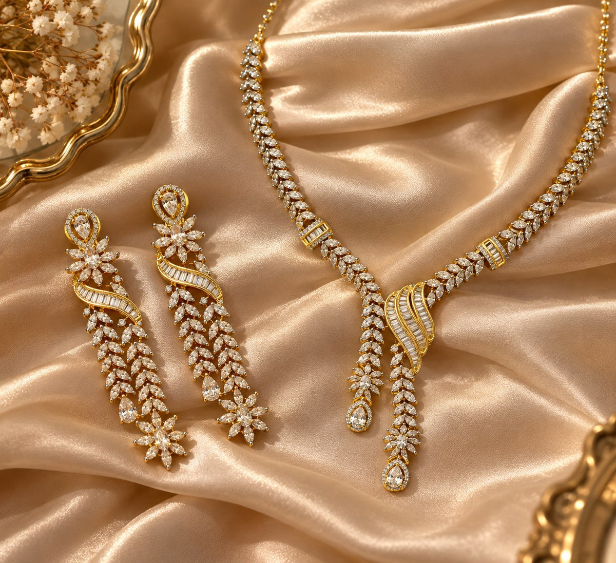 Elegant Gold & Silver American Diamond Short Necklace Set