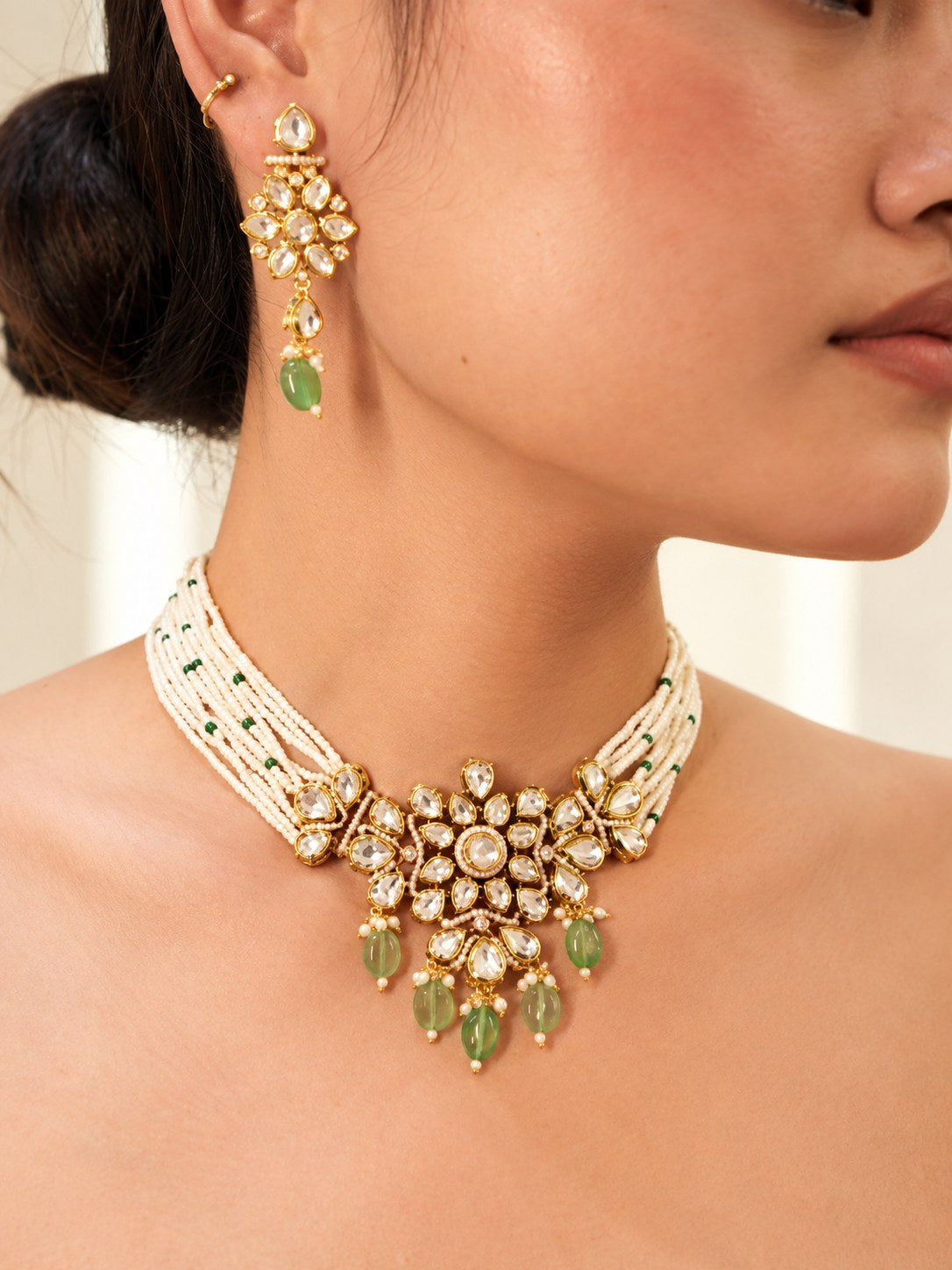Elegant White & Green Kundan Pearl Choker Set