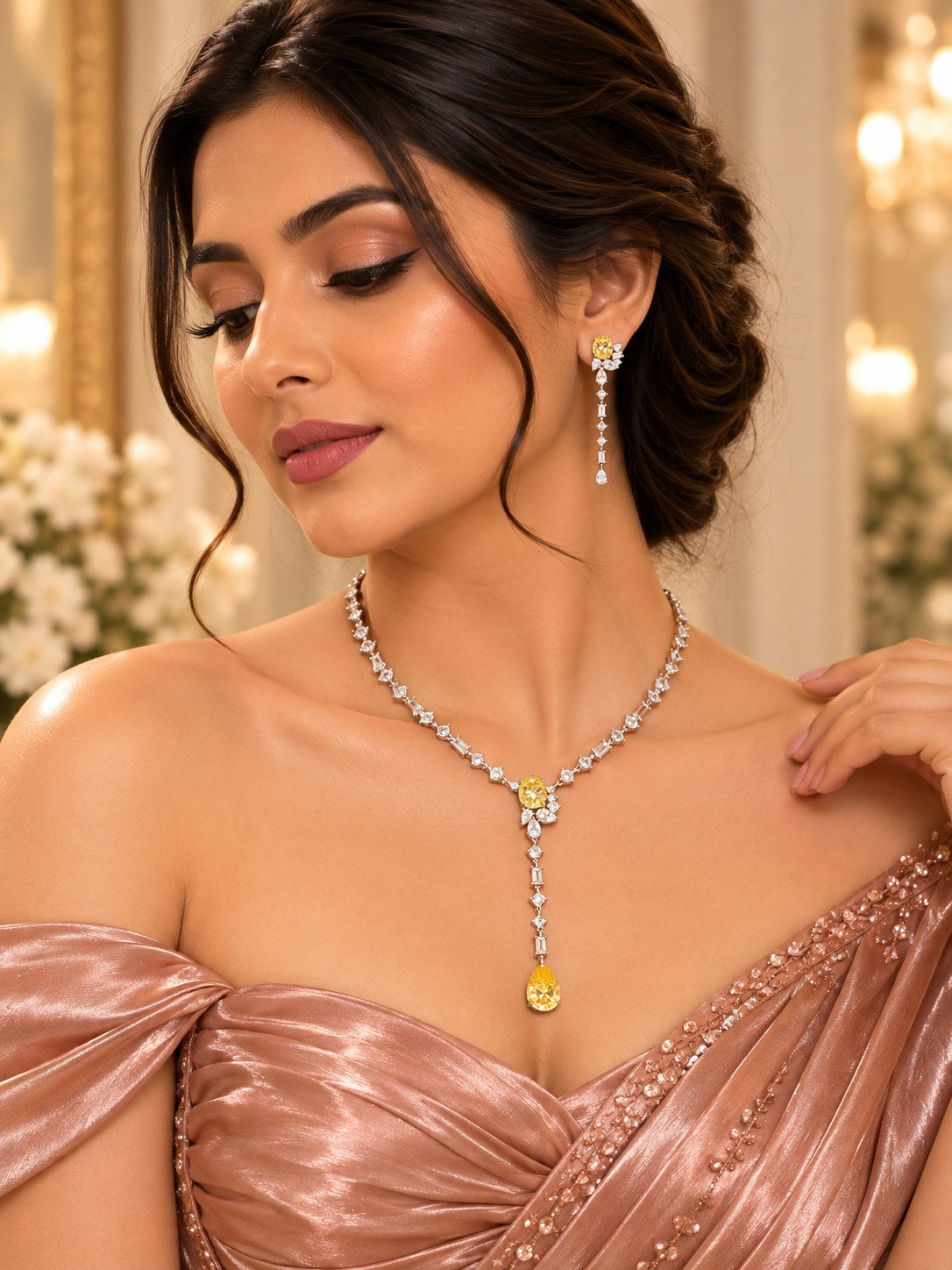 Elegant Gold Accent Premium Zircon Silver Necklace Set