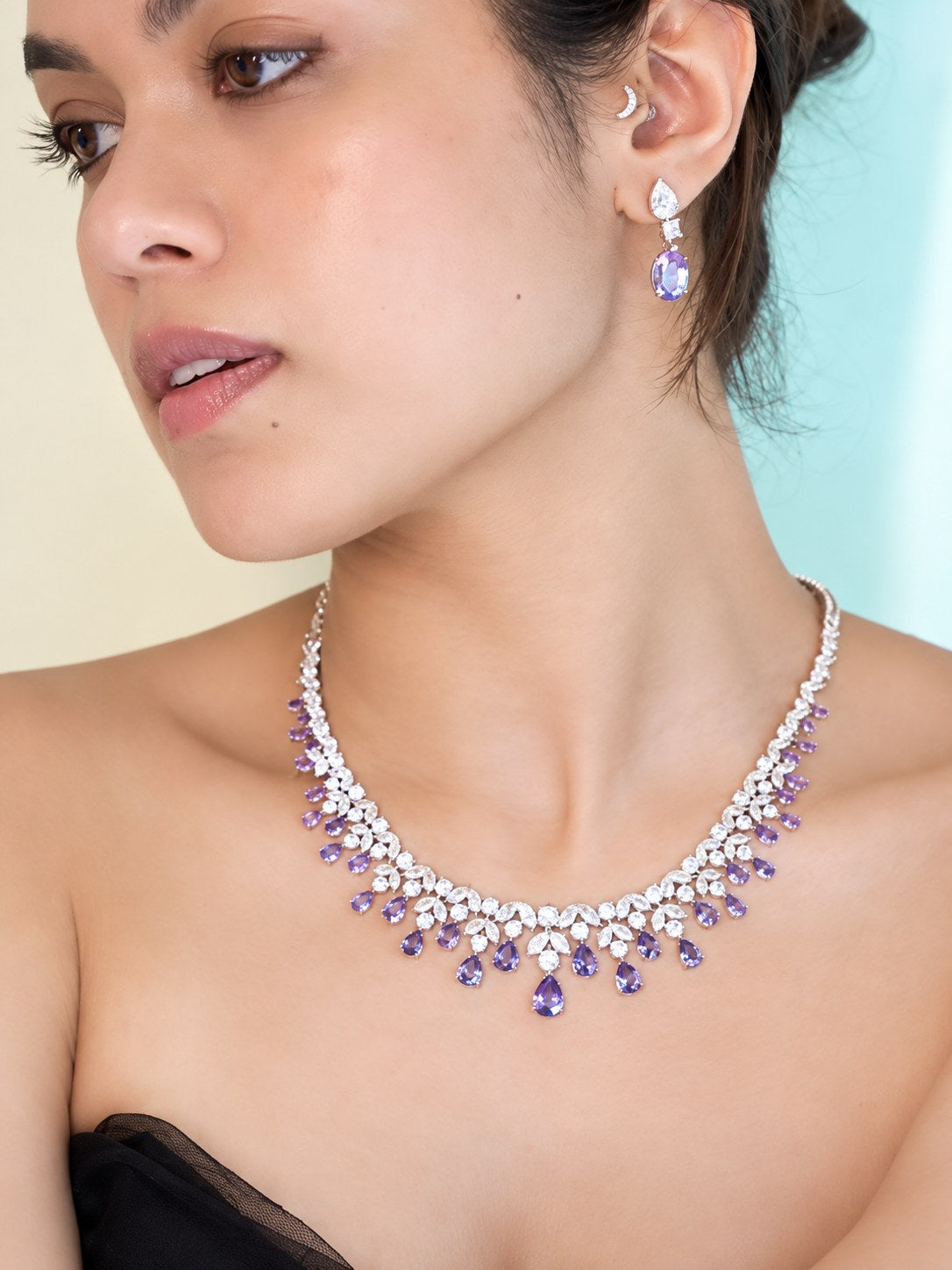 Royal Purple Premium Zircon Silver Necklace Set