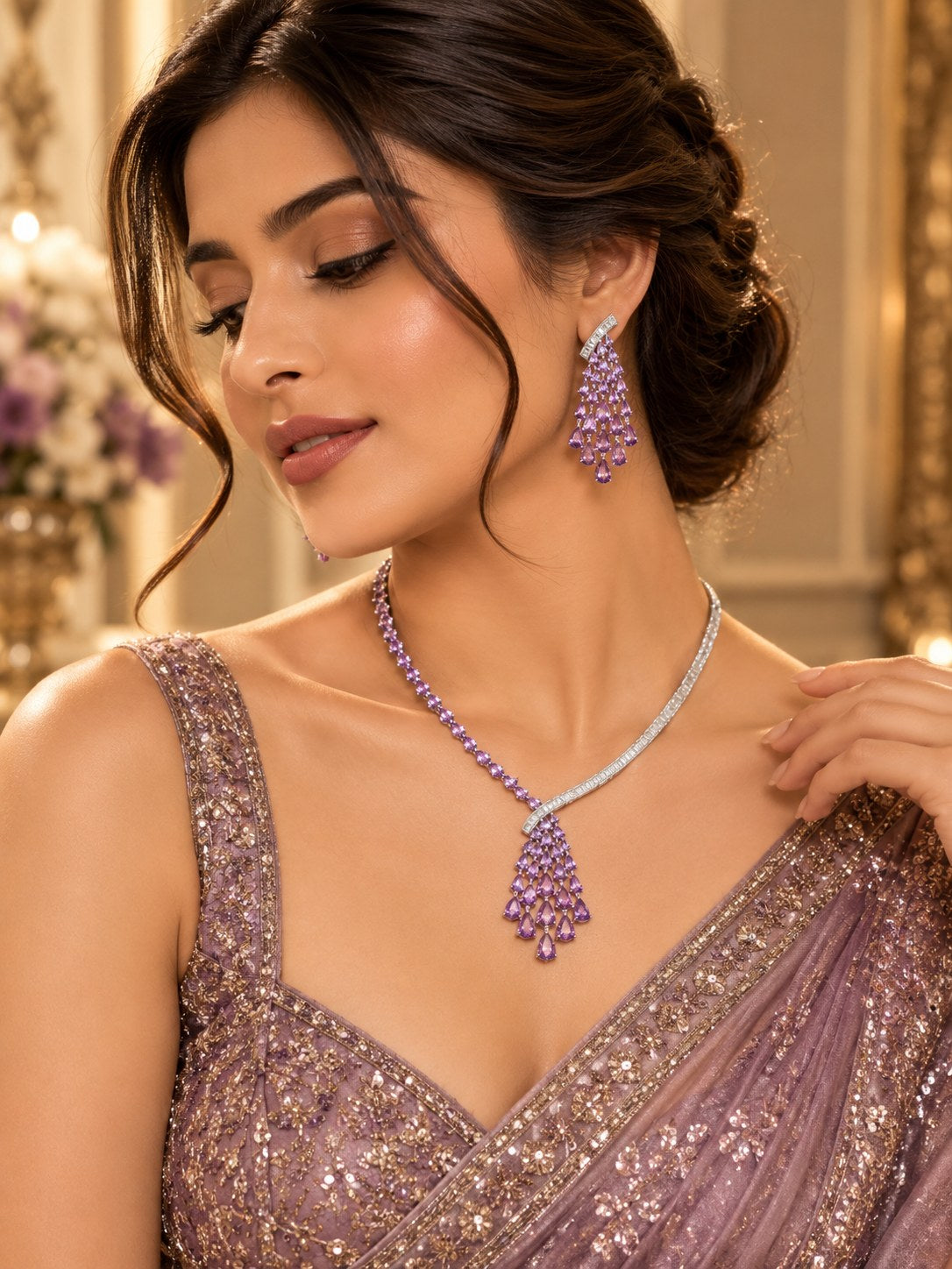 Elegant Purple Premium Zircon Silver Necklace