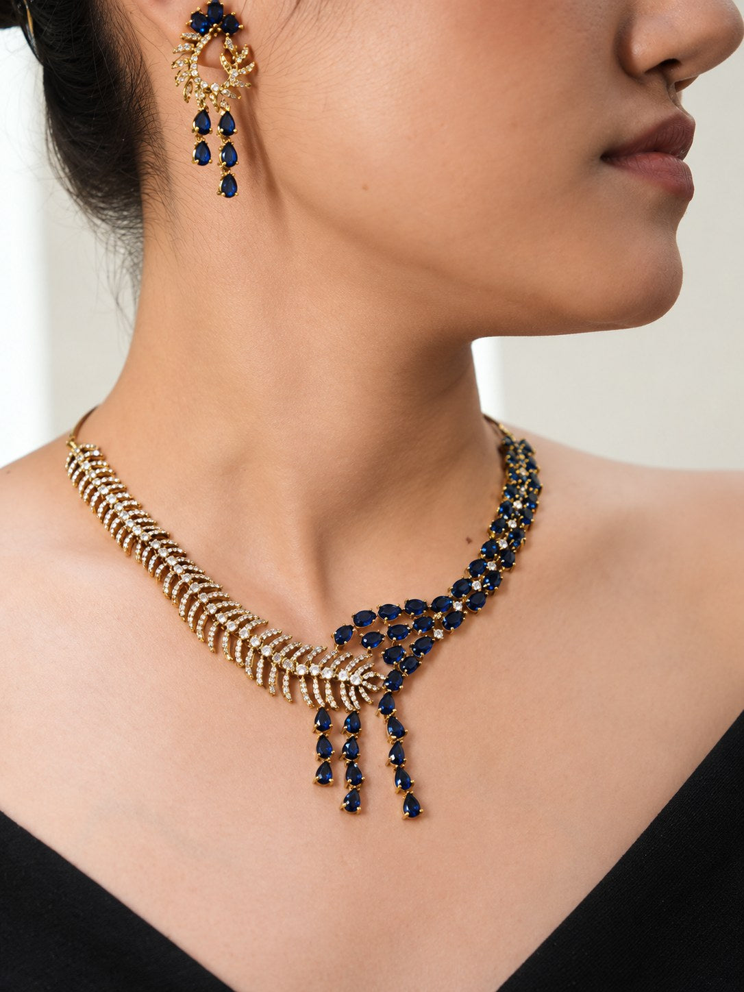 Elegant Blue American Diamond Short Necklace Set