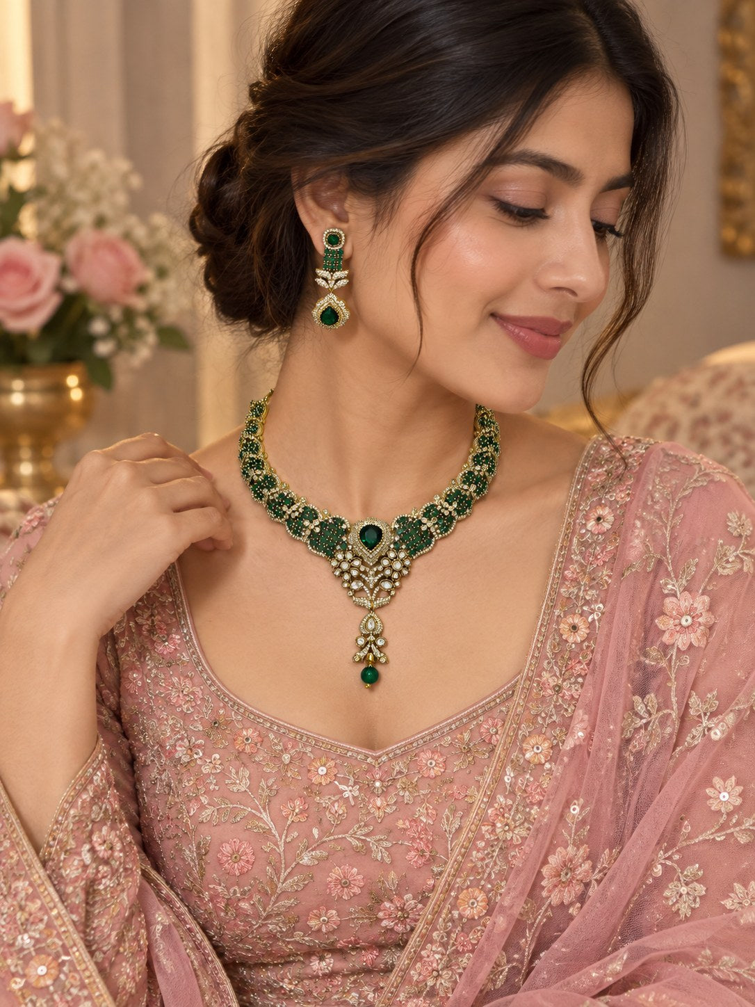 Royal Green & Gold Victorian Statement Necklace Set