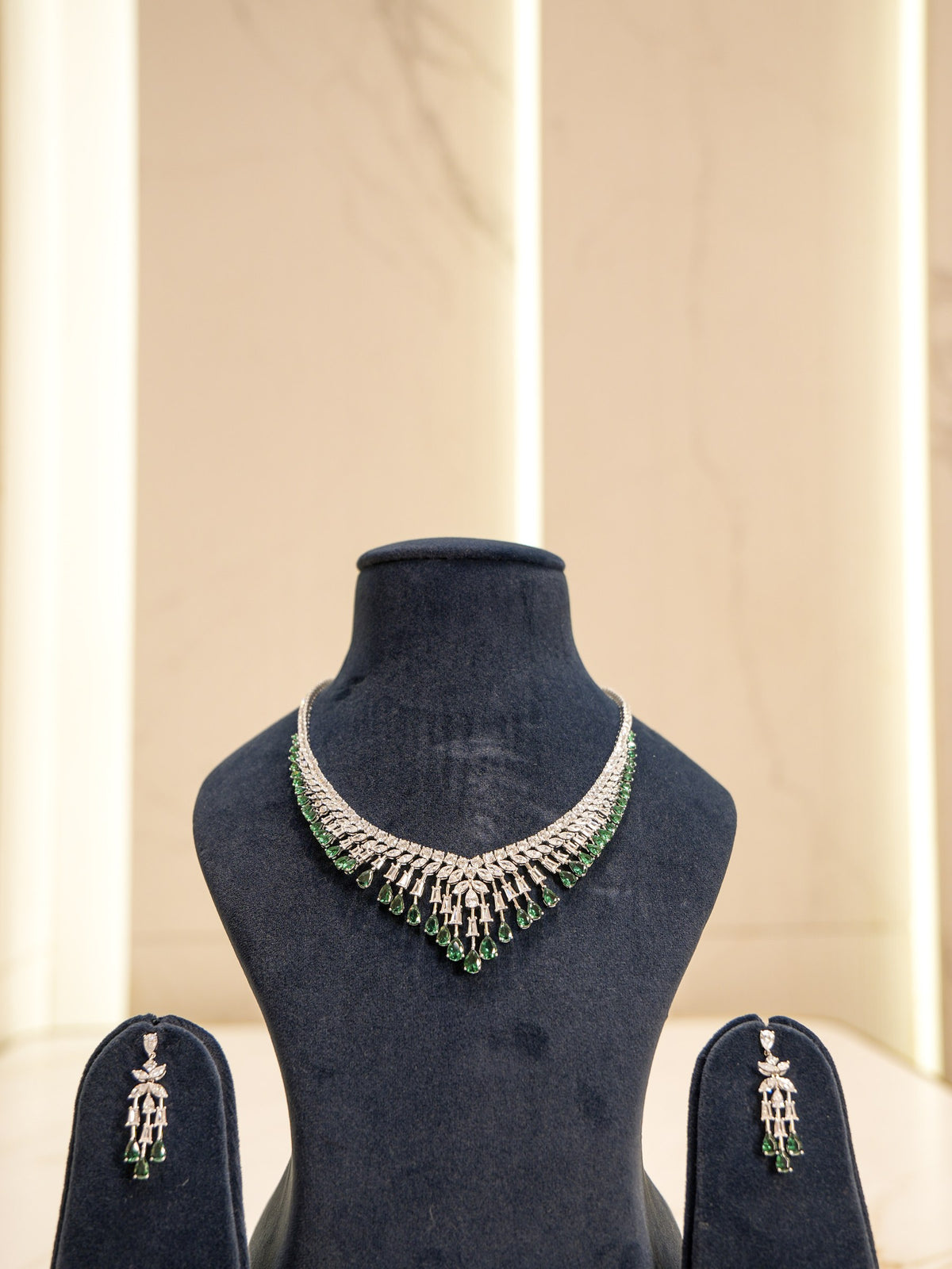 Regal Green Premium Zircon Silver Necklace Set
