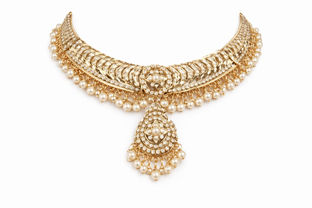 Pearl fringe polki statement choker and earrings