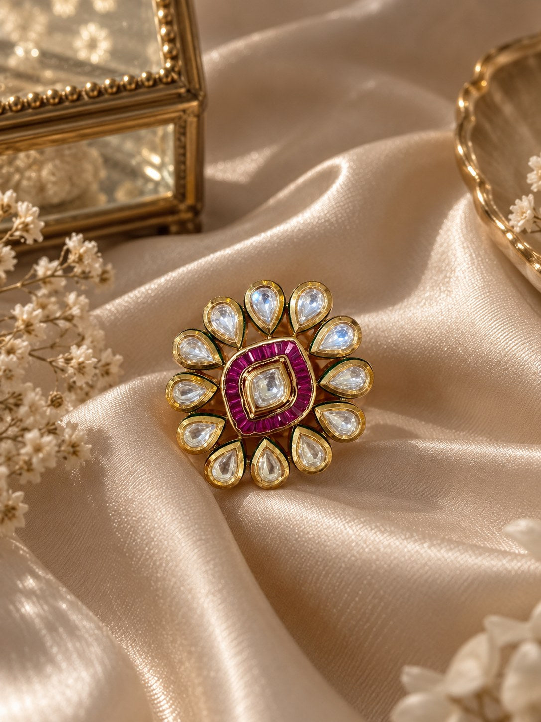 Pink & Clear Stone Floral Statement Ring