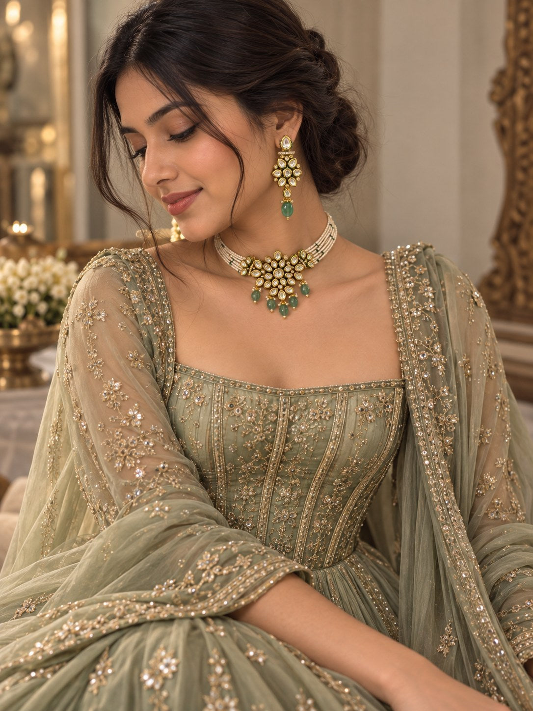 Elegant White & Green Kundan Pearl Choker Set