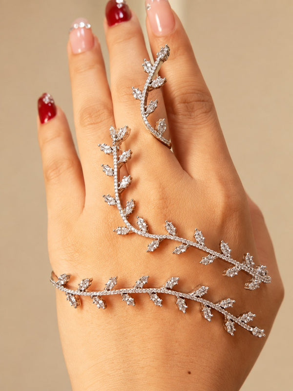 Silver Crystal Vine Hand Harness – Statement Ring & Hand Chain