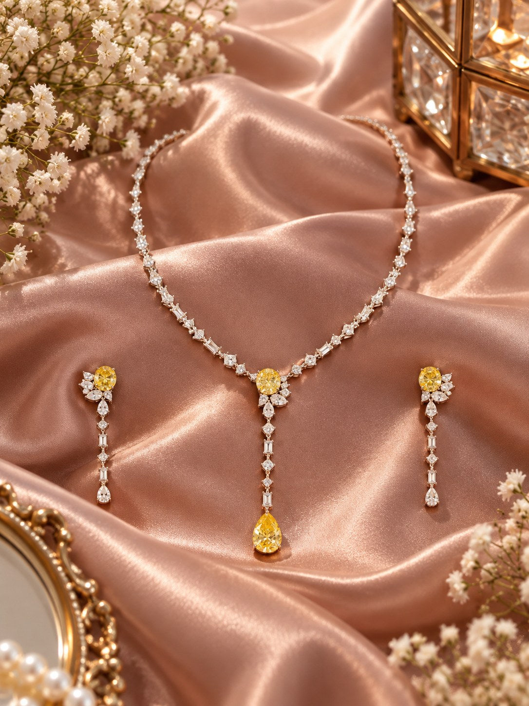 Elegant Gold Accent Premium Zircon Silver Necklace Set