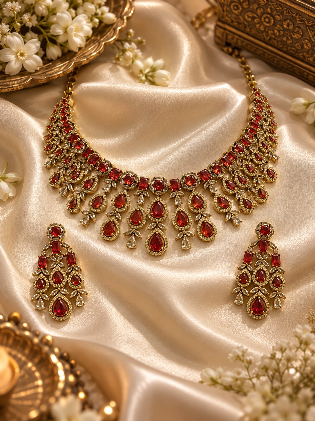 Short Necklace set	American Diamond	Bridal Statement, Cocktail Evenings, Gifting Favourites	Red