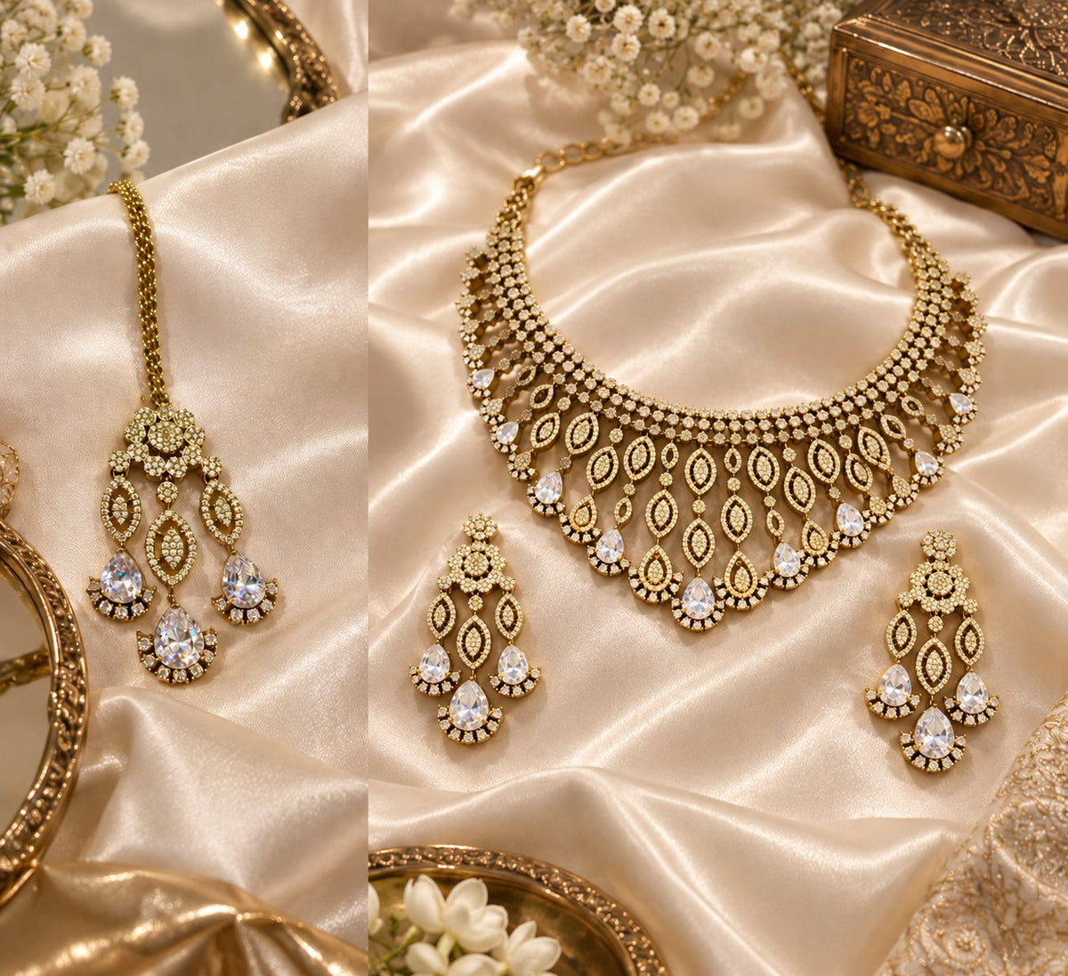 Royal Gold & White American Diamond Bridal Necklace Set