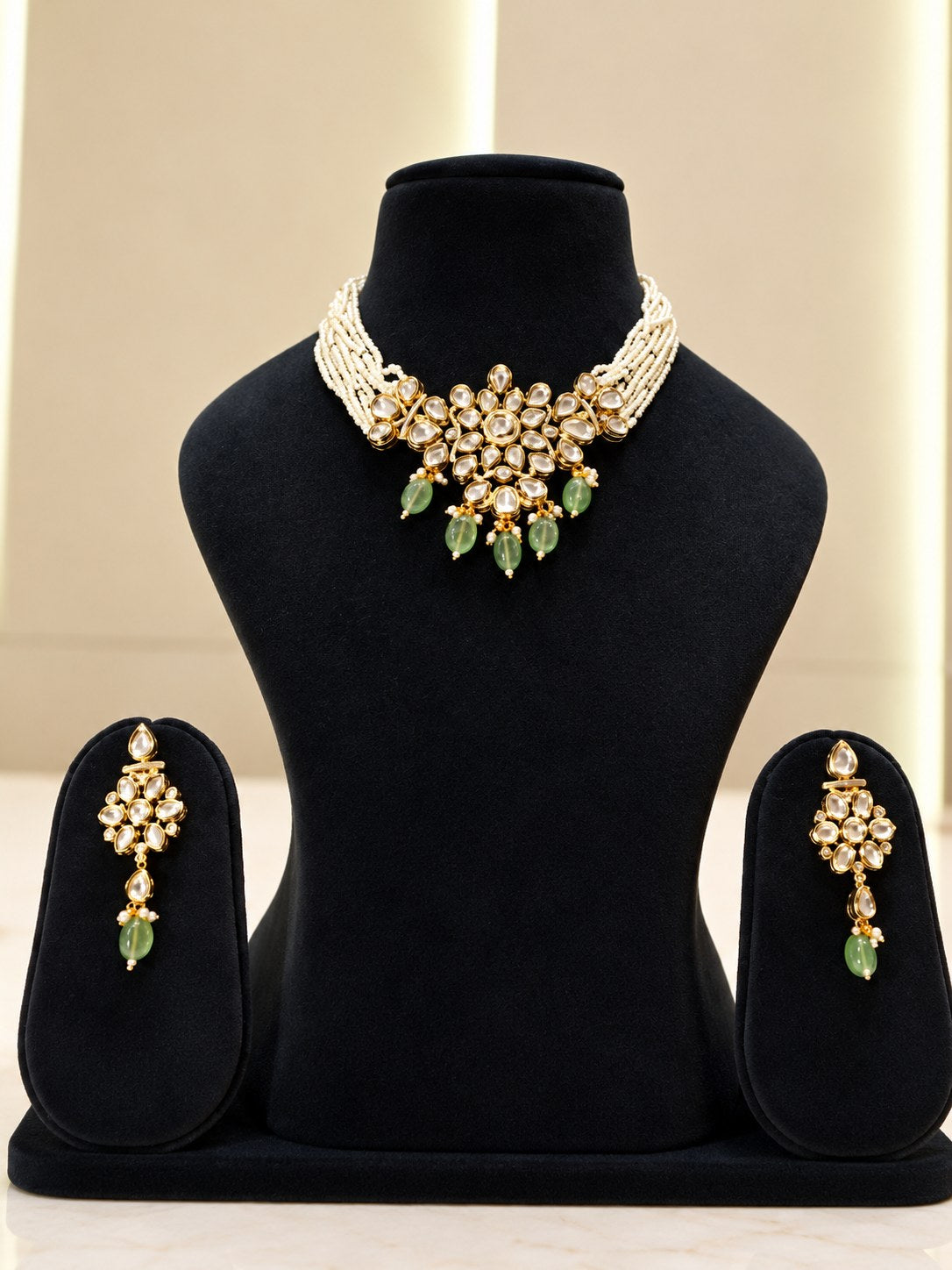 Elegant White & Green Kundan Pearl Choker Set