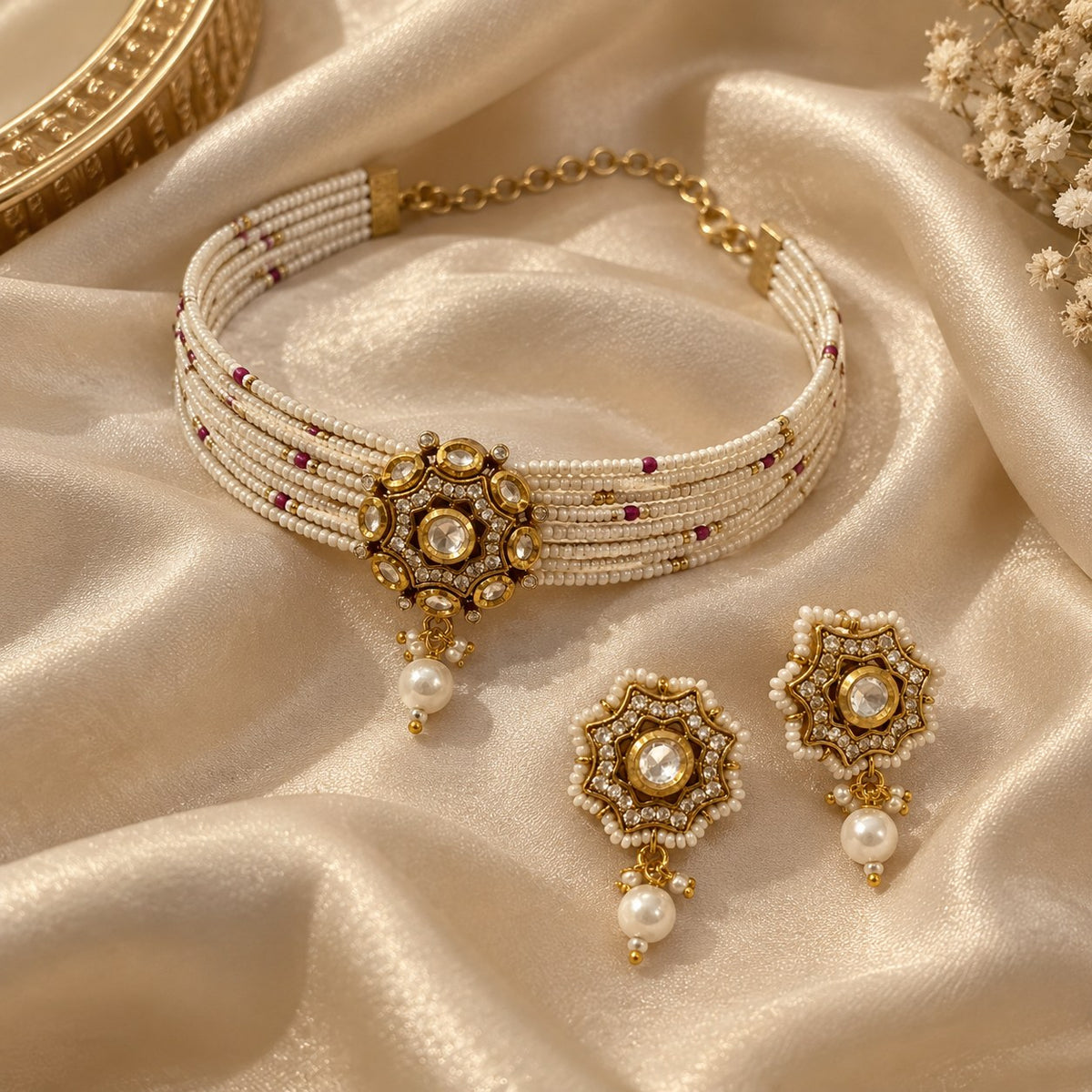 Elegant Golden & White Kundan Pearl Choker Set