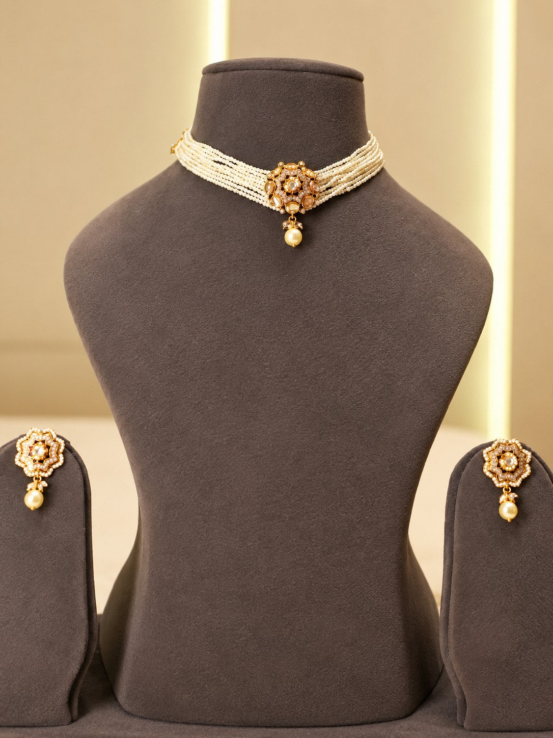 Elegant Golden & White Kundan Pearl Choker Set