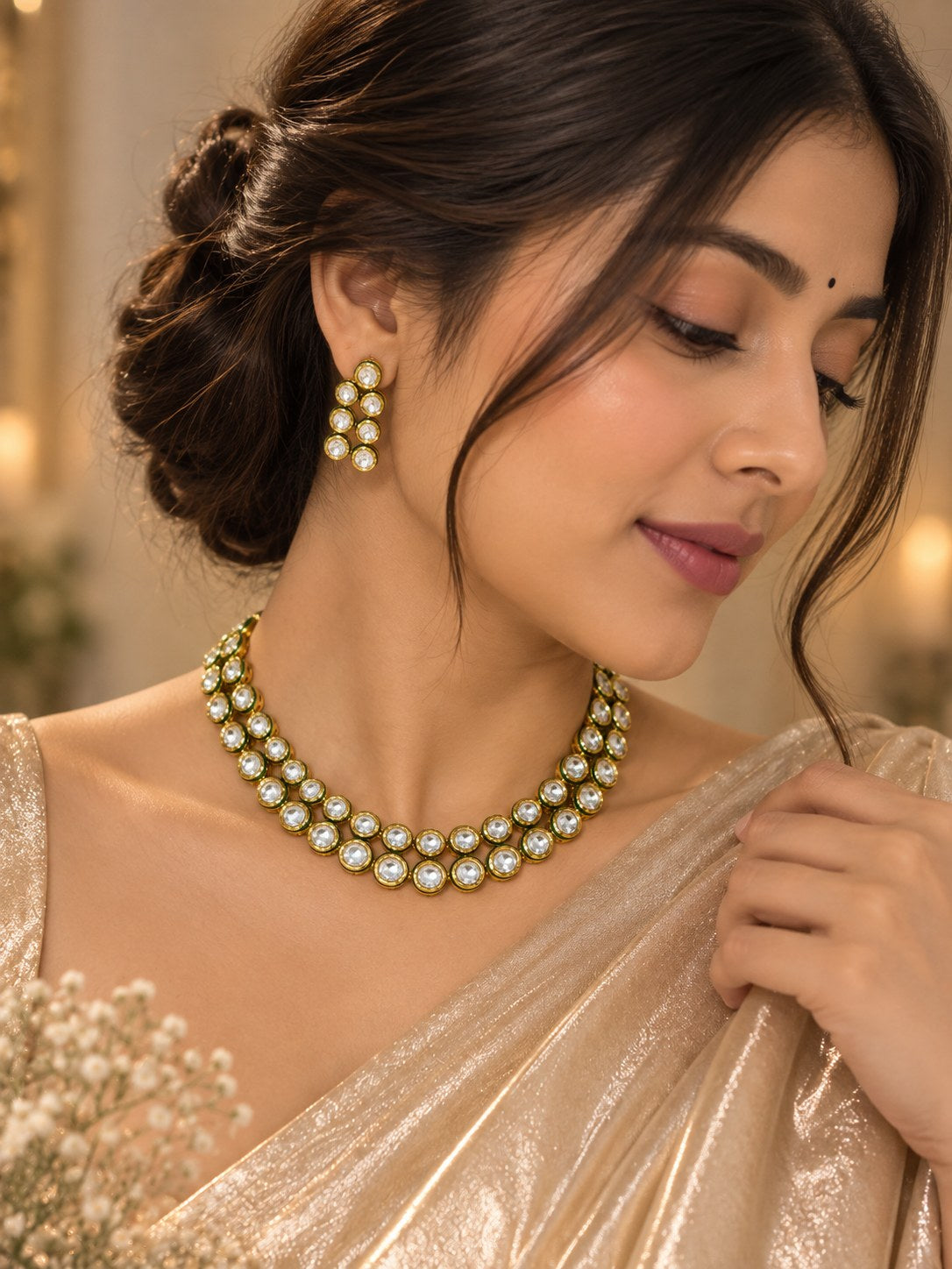 Elegant Gold & Green Kundan Short Necklace Set