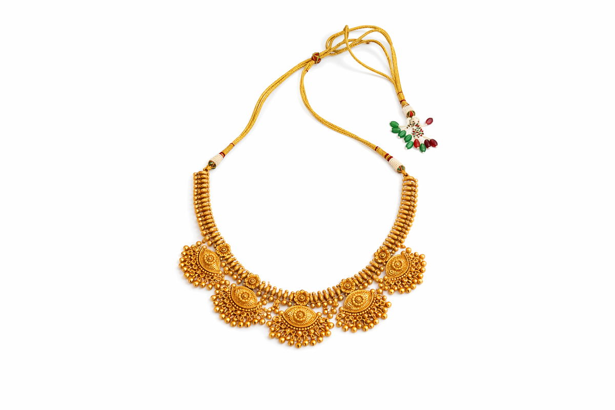 Traditional goddess motif bridal necklace with earrings and maantika