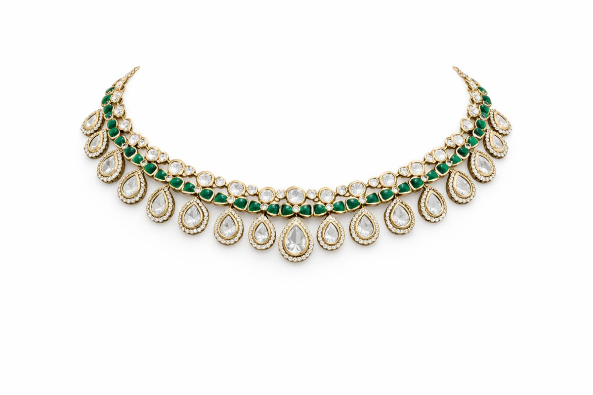 Victorian Emerald Crystal Gold Plated Choker Necklace with Earrings