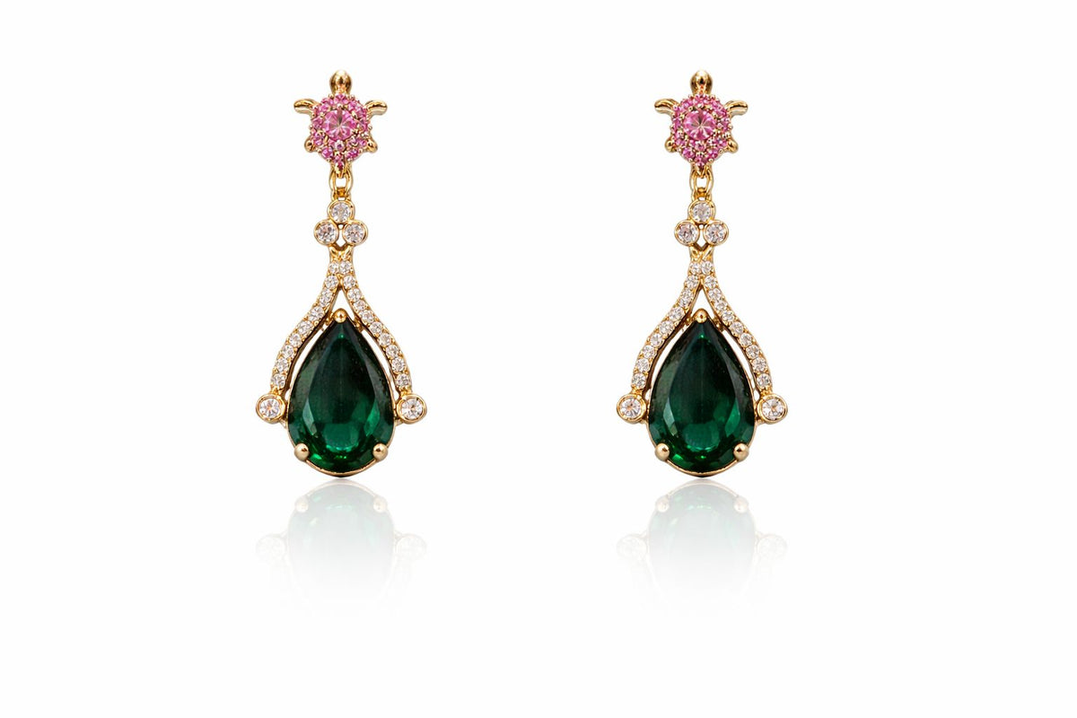 Victorian Emerald Pendant Floral Link Necklace with Earrings