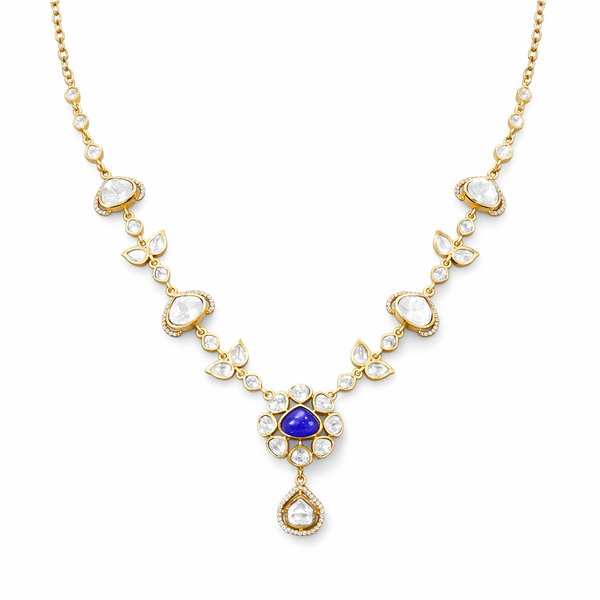 Blue stone polki pendant necklace with earring