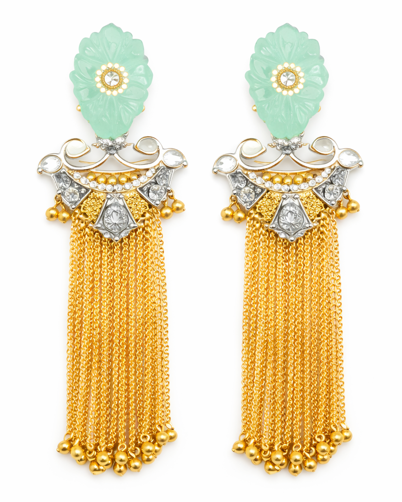 Mint stone tassel chain statement earrings