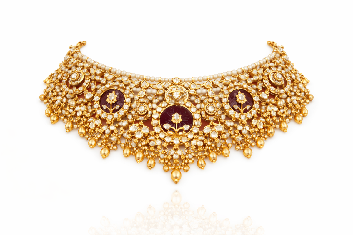 Regal carved stone collar necklace with chandelier earrings