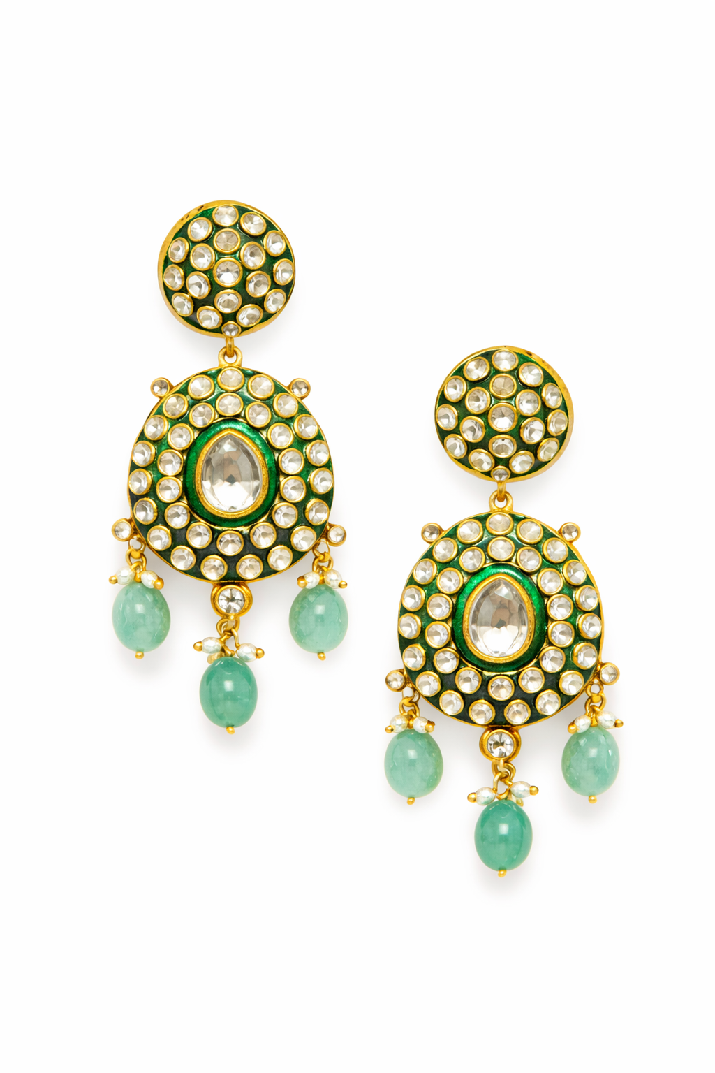 Mint green polki statement necklace with chandelier earrings