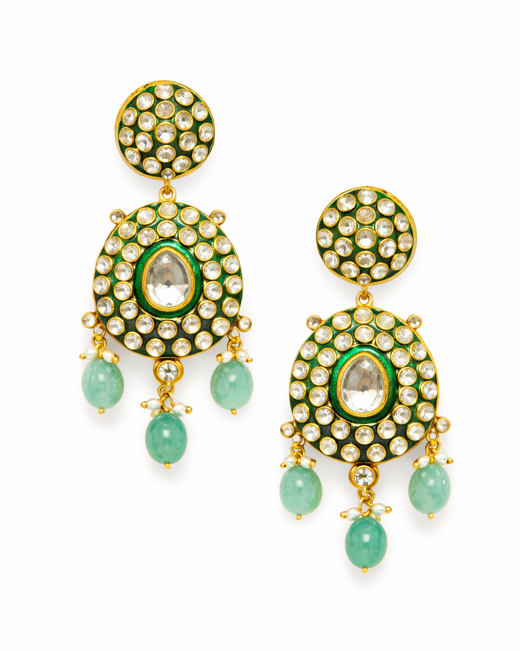Mint green polki statement necklace with chandelier earrings