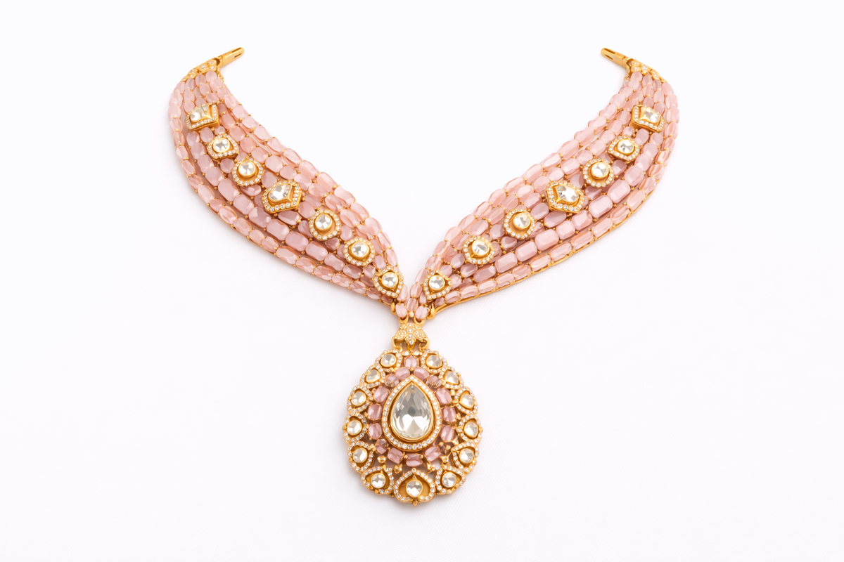 Blush enamel victorian statement necklace with earrings