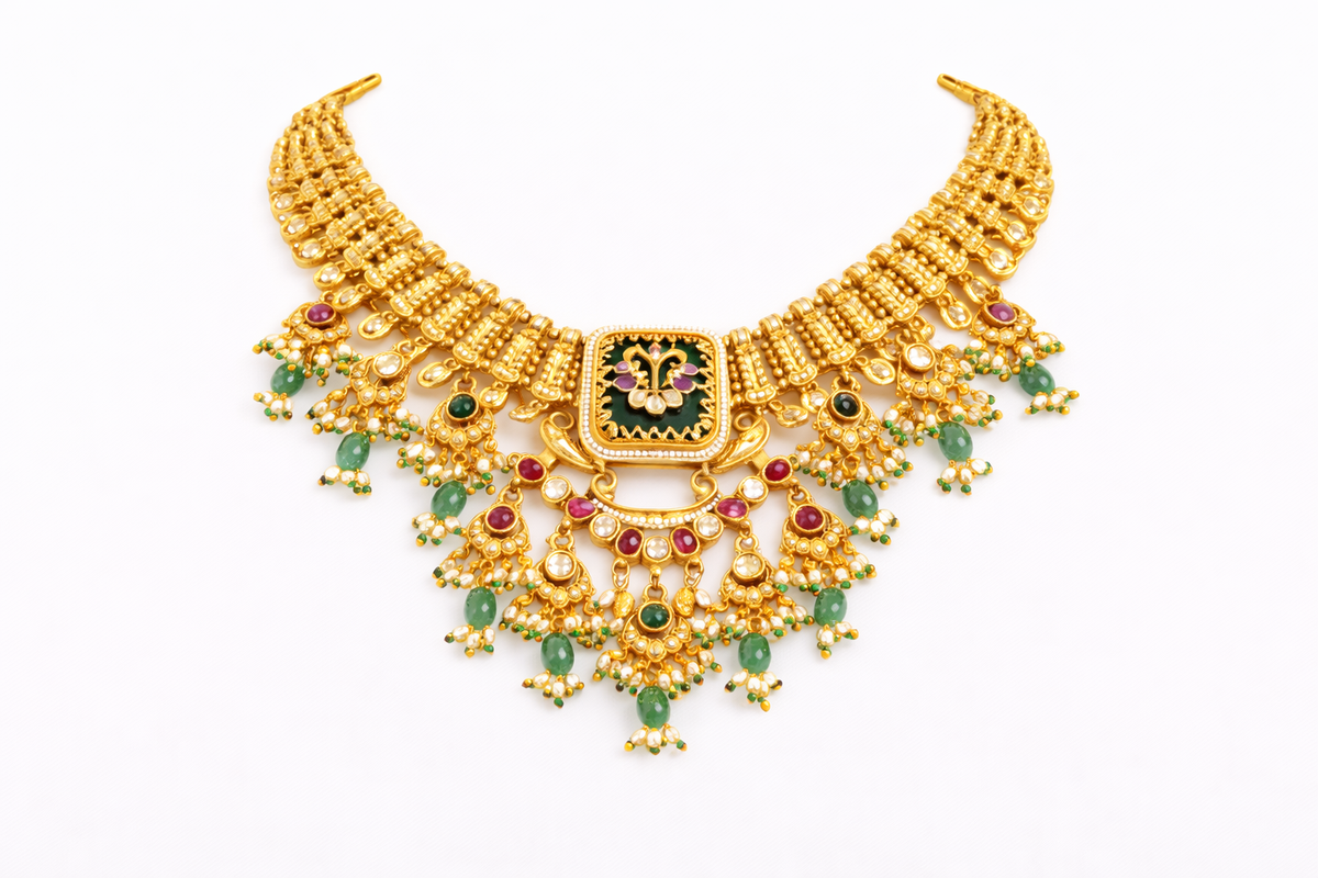Heritage motif handcrafted temple necklace with earrings