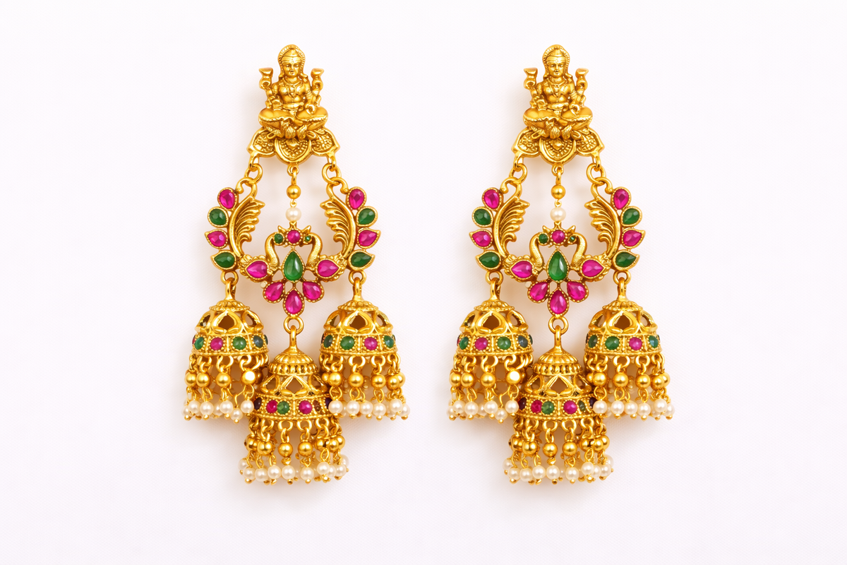 Temple inspired multicolor jhumka earrings