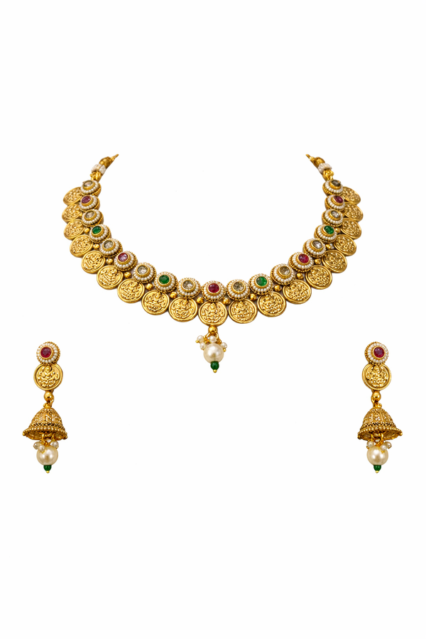Antique gold coin choker and jhumka set
