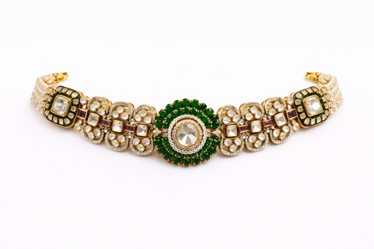 Regal green bead designer necklace with earrings