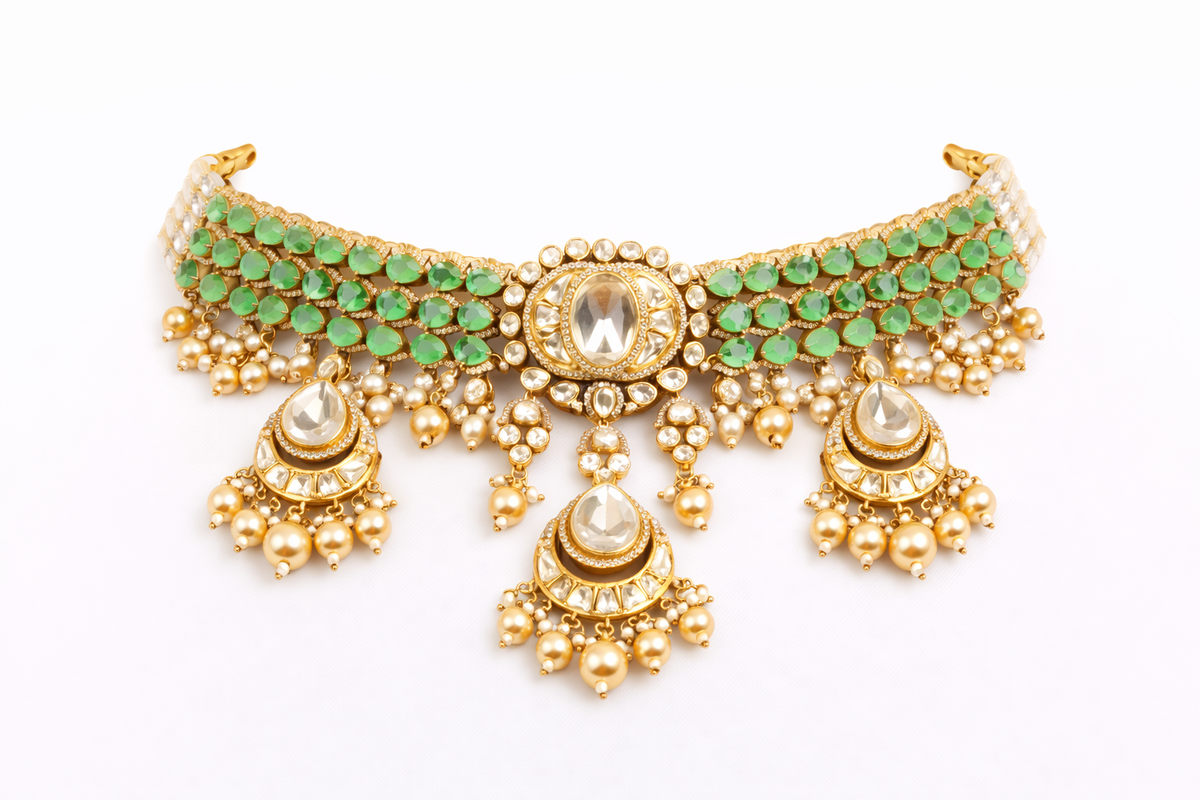 Traditional uncut stone statement choker with earring and maangtika