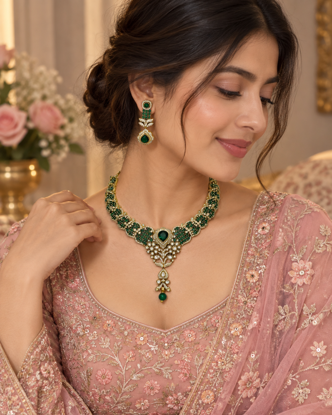 Royal Green & Gold Victorian Statement Necklace Set
