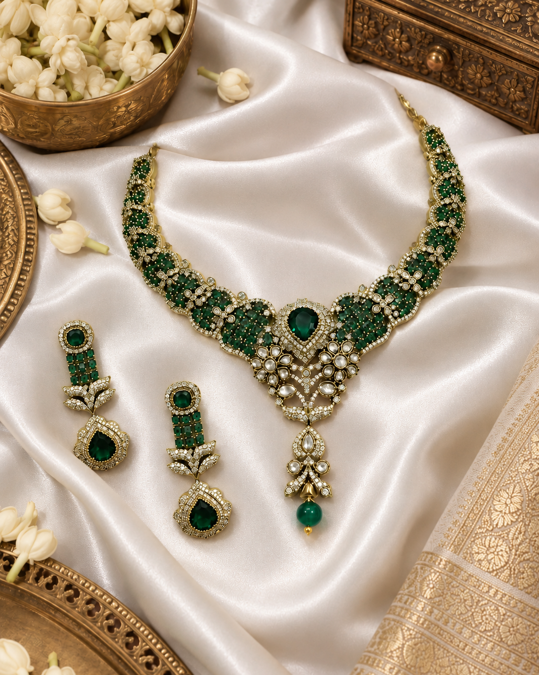 Royal Green & Gold Victorian Statement Necklace Set