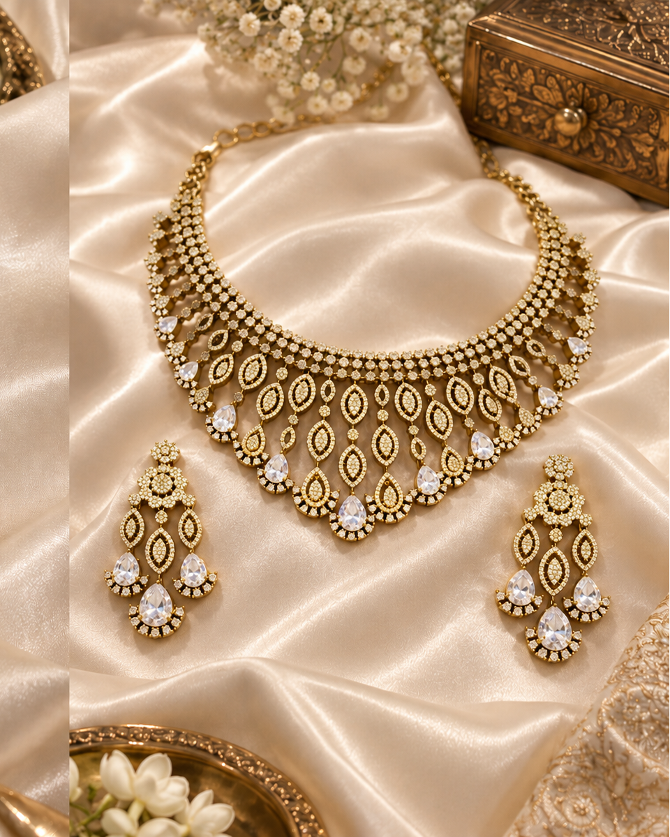 Royal Gold & White American Diamond Bridal Necklace Set
