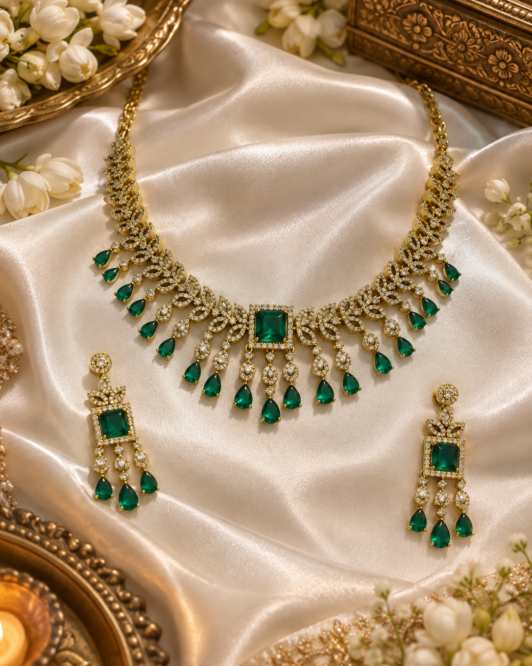 Elegant Gold & Green American Diamond Short Necklace Set
