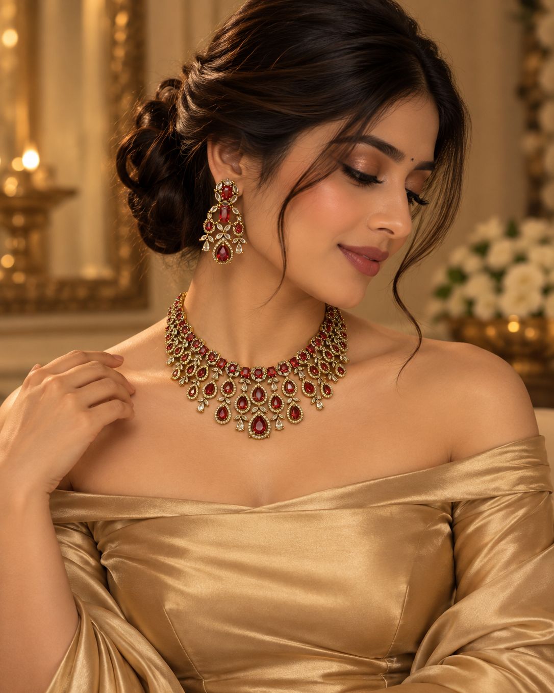 "Short Necklace set	American Diamond	Bridal Statement, Cocktail Evenings, Gifting Favourites	Red
