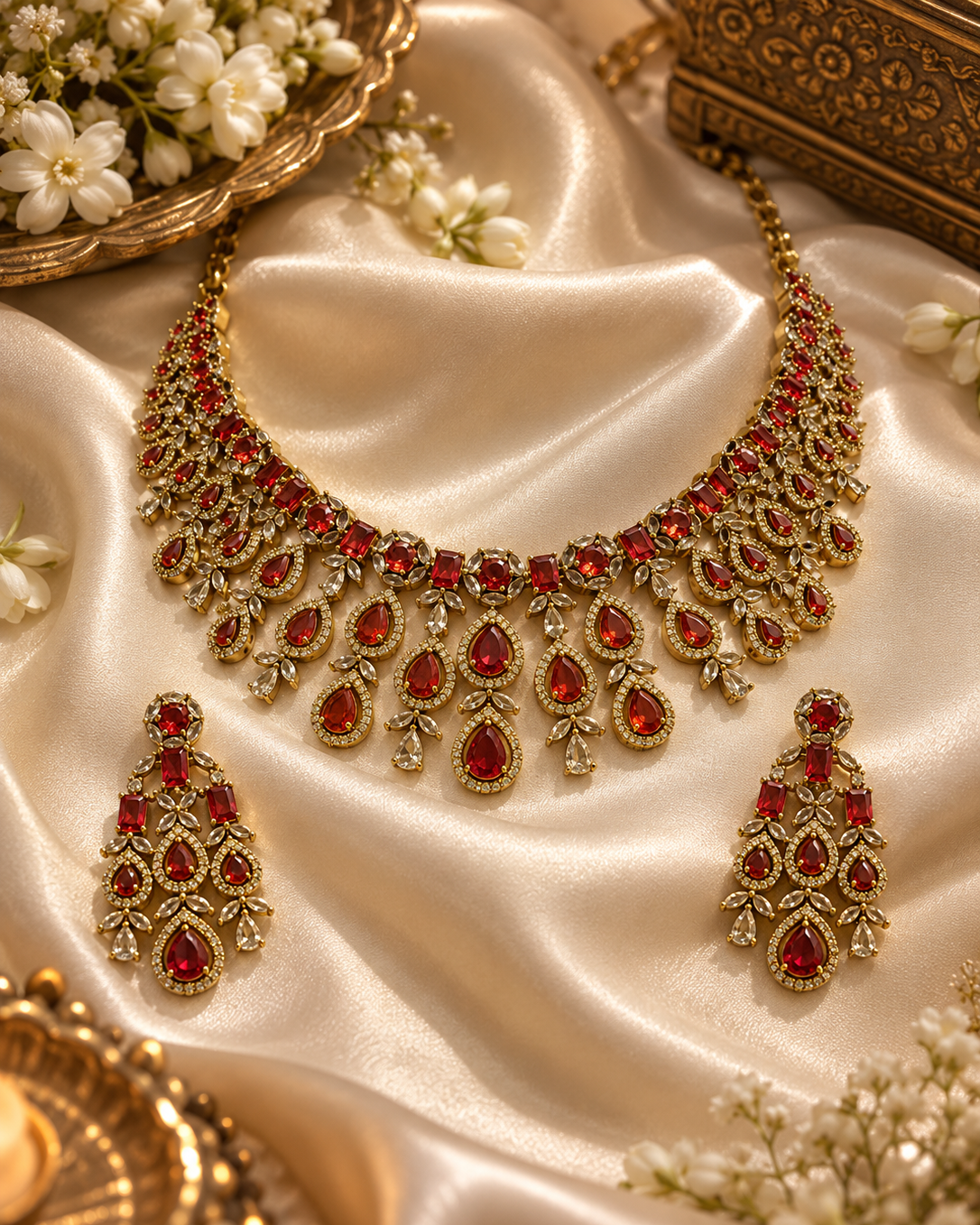 "Short Necklace set	American Diamond	Bridal Statement, Cocktail Evenings, Gifting Favourites	Red