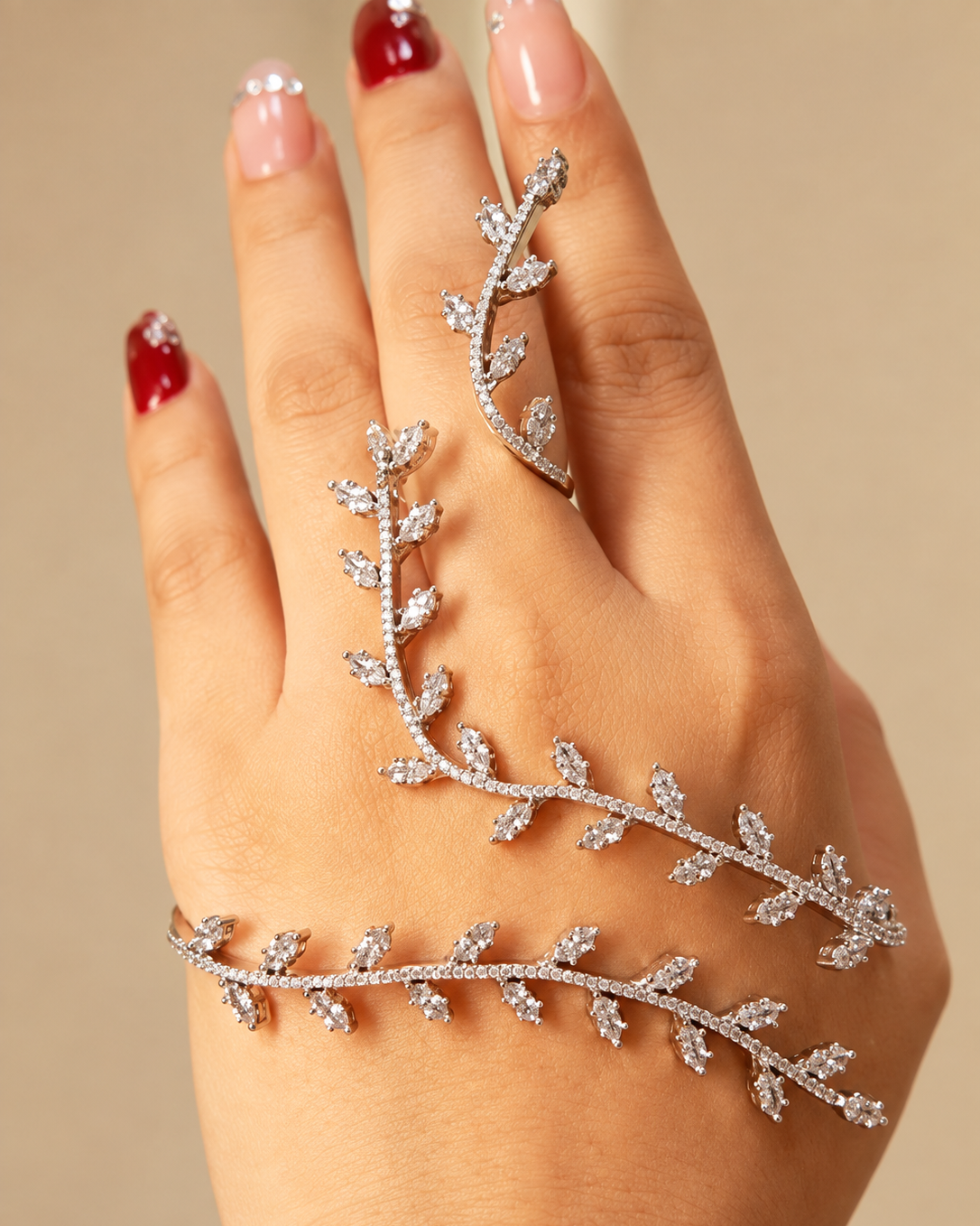 Silver Crystal Vine Hand Harness – Statement Ring & Hand Chain