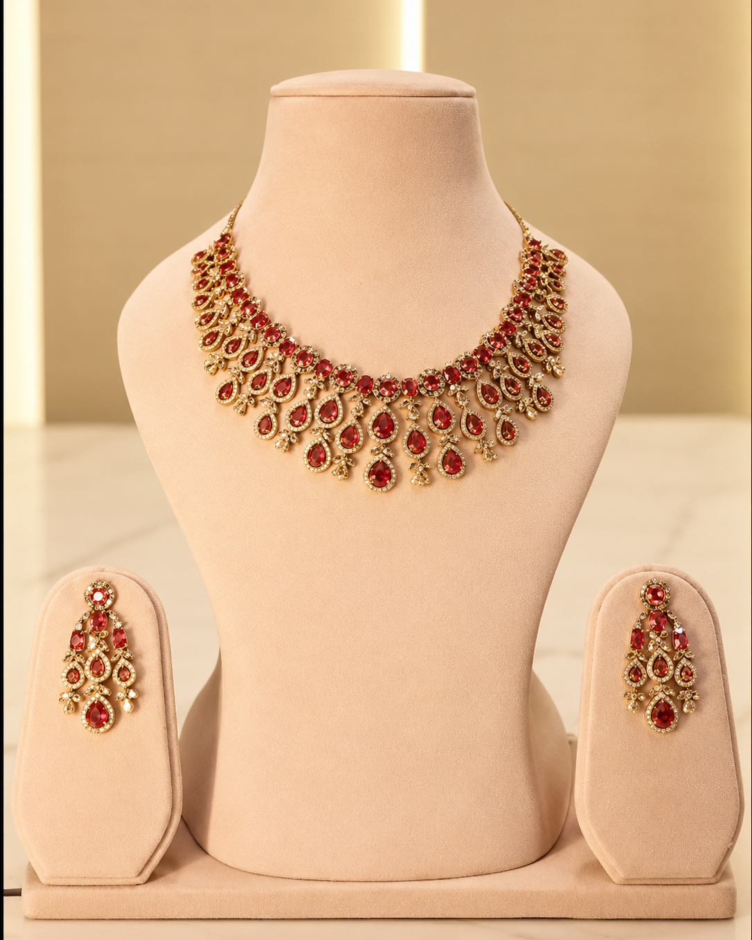"Short Necklace set	American Diamond	Bridal Statement, Cocktail Evenings, Gifting Favourites	Red