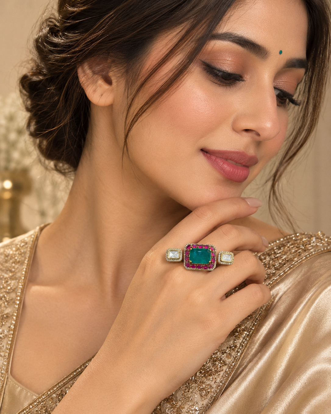 Regal Emerald Green & Pink Statement Ring